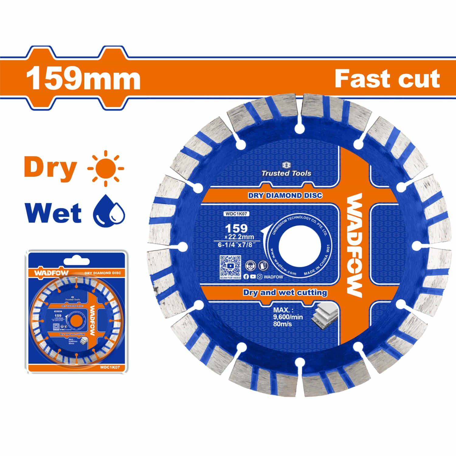 Disco de Diamante 159mm (6-1/4") x 22.2mm  Corte rápido. Seco y Húmedo. Compatible con WWAL151401