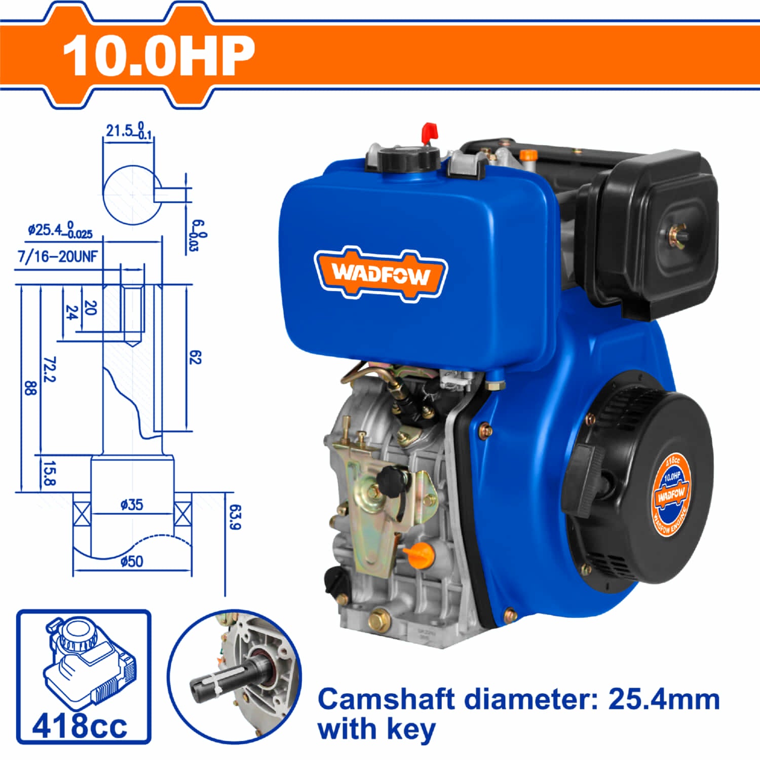 Motor Diésel 10HP (7.1 Kw) 418cc Eje 25.4mm 3600rpm 5.5L Arranque Manual 4 tiempos.