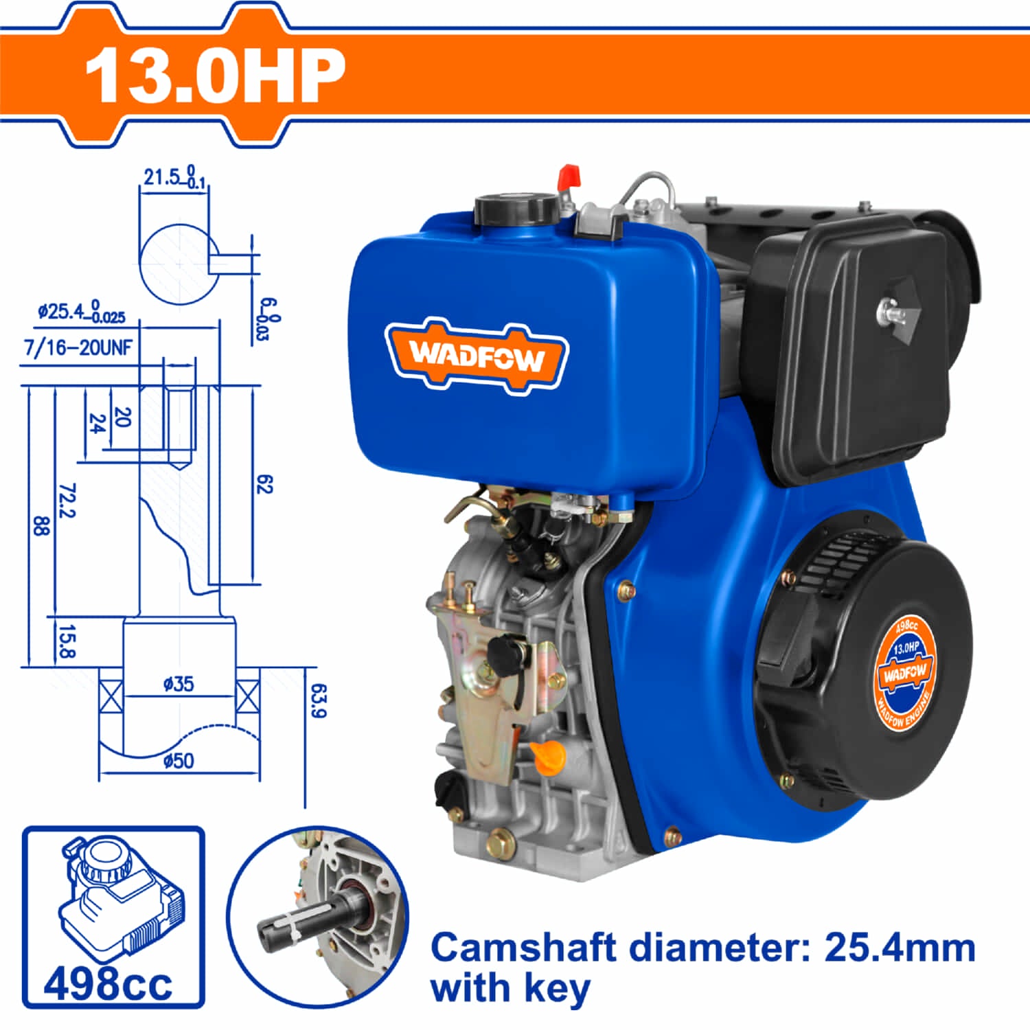 Motor Diésel 13HP (8.6Kw) 418cc Eje 25.4mm 3600rpm 5.5L Arranque Manual 4 tiempos.