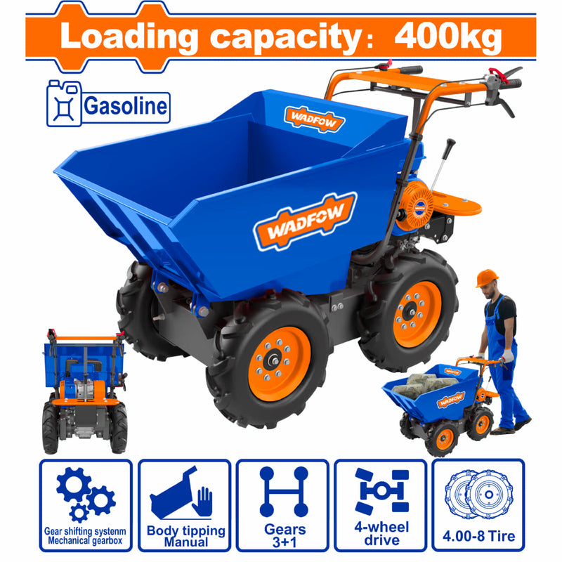 Mini Carretilla a Gasolina 4.8Kw (6.5HP) Carga Max 400kg 4x4 con Volteo Manual y Caja Cargadora, Transmisión 3+1 Carreta