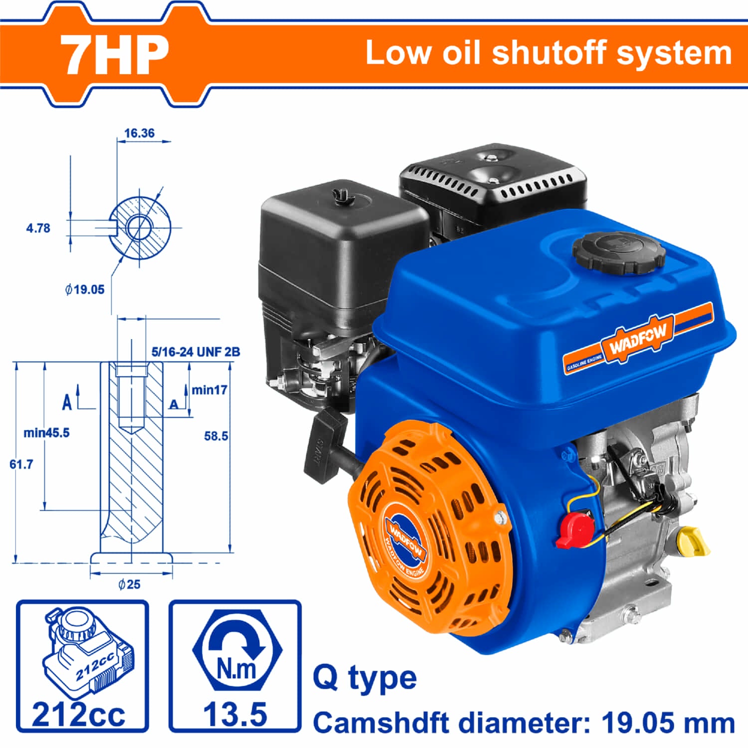 Motor a gasolina 7HP 4 tiempos 19.5mm 3.6L Q Type 212cc 13.5Nm Aviso de nivel bajo de aceite.