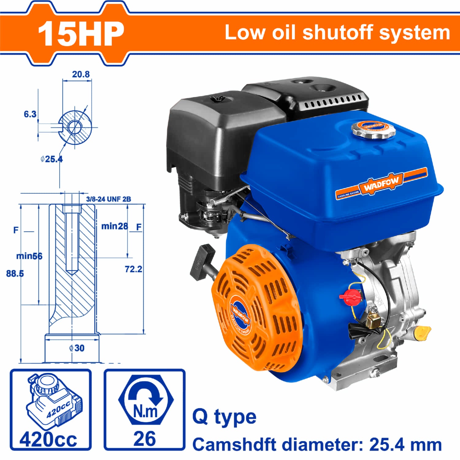 Motor a gasolina 15HP 4 tiempos 25.4mm 1.1L Q Type 420cc 26Nm Aviso de nivel bajo de aceite.