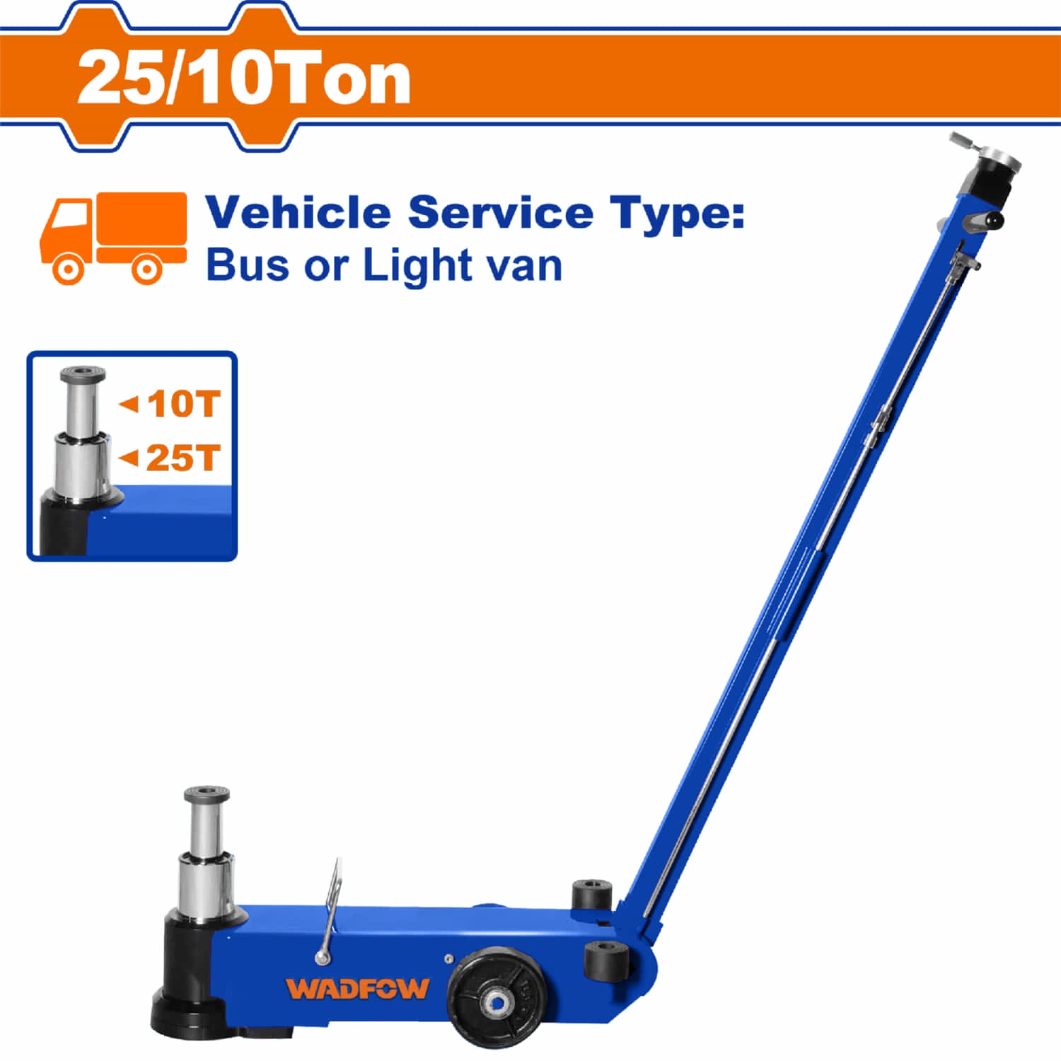 Gato Hidráulico con Ruedas 25-10 Ton Alt. Mín 185mm Elev. 97mm Ext. 75-45mm Bus o panel liviano. Gato de Camión Neumático