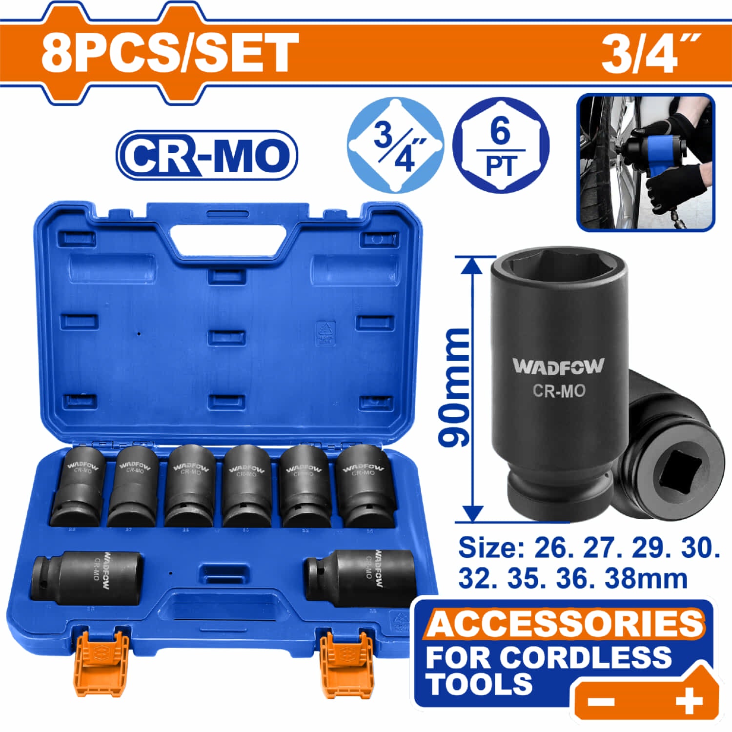 Dados de Impacto 3/4" Tamaños: 26-38mm. Long 90mm. Cr-Mo Térmico. Set de 8 pzas. Compatible con WCD1B128 / UWCD1B128