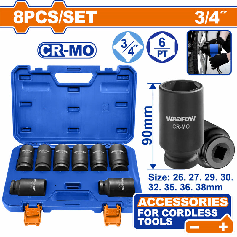 Dados de Impacto 3/4" Tamaños: 26-38mm. Long 90mm. Cr-Mo Térmico. Set de 8 pzas. Compatible con WCD1B128 / UWCD1B128
