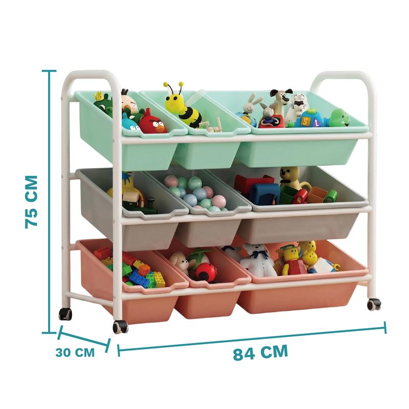 Estantería Organizador de Juguetes 9 Compartimentos con Ruedas y Estructura Metálica y Plástico. Color Macaron (84x30x75cm)