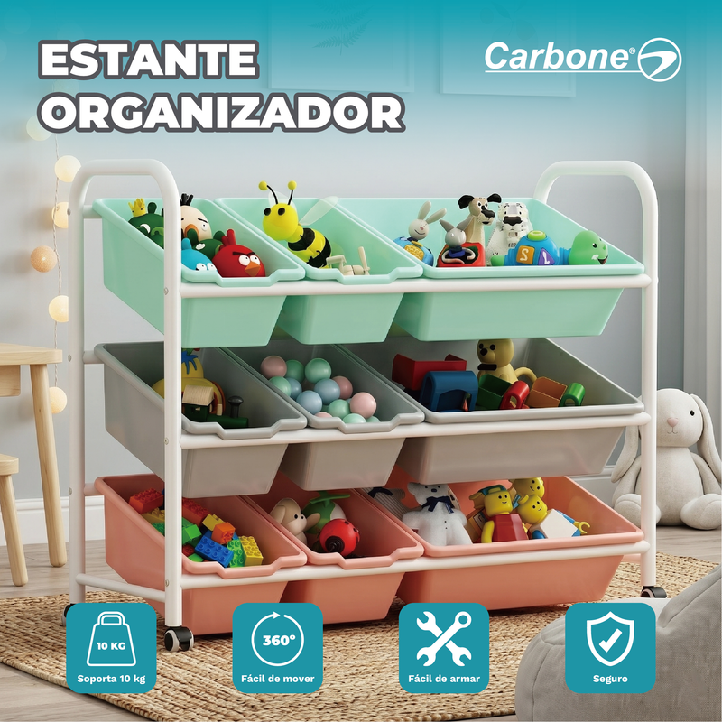 Estantería Organizador de Juguetes 9 Compartimentos con Ruedas y Estructura Metálica y Plástico. Color Macaron (84x30x75cm)