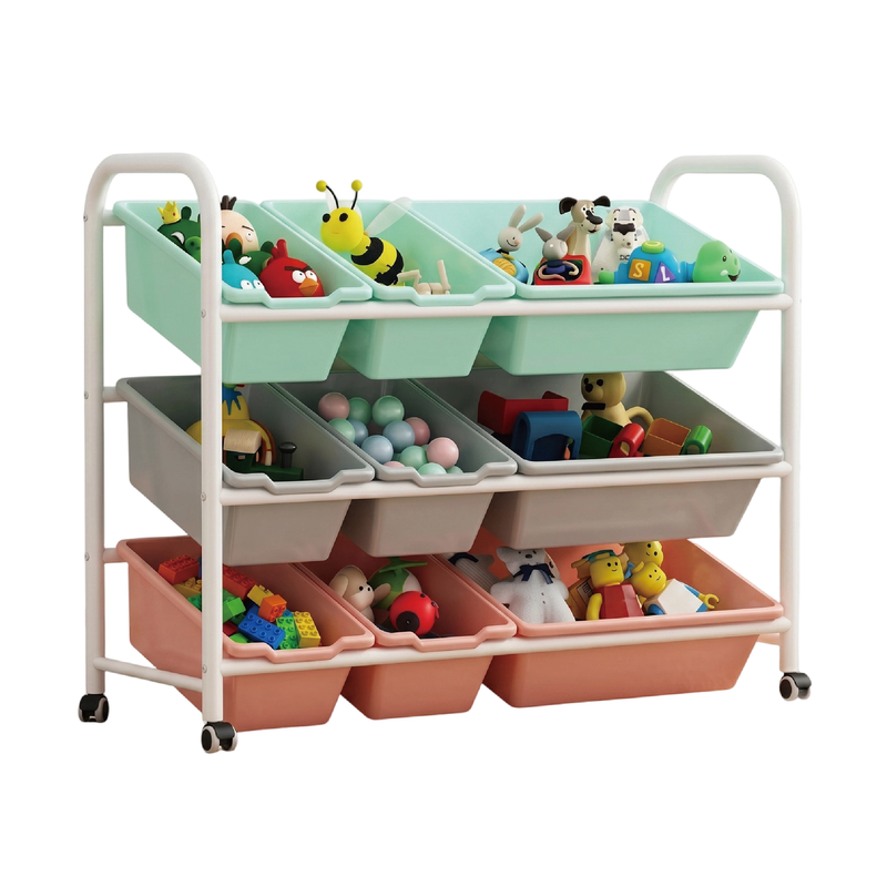 Estantería Organizador de Juguetes 9 Compartimentos con Ruedas y Estructura Metálica y Plástico. Color Macaron (84x30x75cm)
