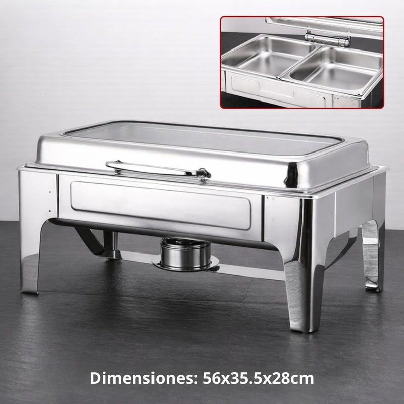 Chafing Dish Rectangular De Acero Inoxidable Con Tapa  De Vidrio hidraulica cierre suave 22x16x11" De 2 Compartimientos Calentamiento Por Alcohol Para Hoteles, Restaurantes, Buffets, Catering.