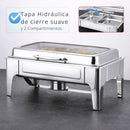 Chafing Dish Rectangular De Acero Inoxidable Con Tapa  De Vidrio hidraulica cierre suave 22x16x11" De 2 Compartimientos Calentamiento Por Alcohol Para Hoteles, Restaurantes, Buffets, Catering.