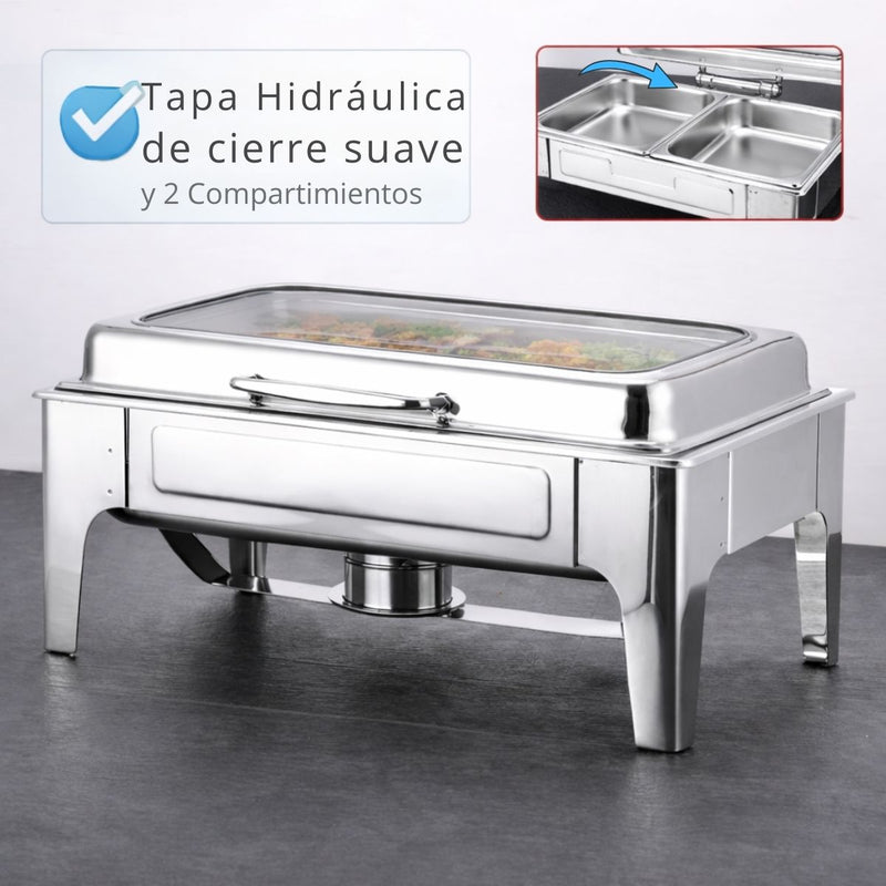 Chafing Dish Rectangular De Acero Inoxidable Con Tapa  De Vidrio hidraulica cierre suave 22x16x11" De 2 Compartimientos Calentamiento Por Alcohol Para Hoteles, Restaurantes, Buffets, Catering.