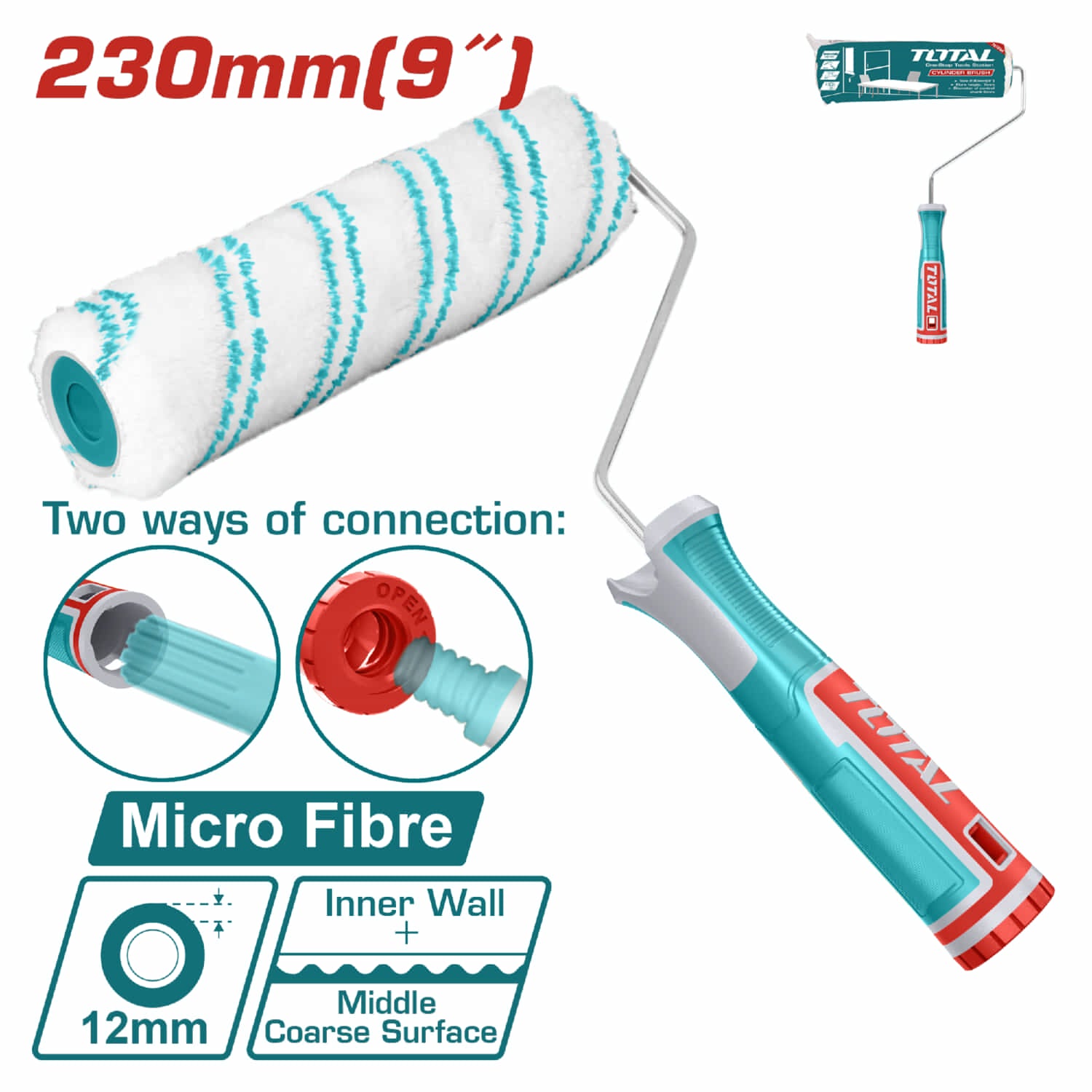 Rodillo de pintar de microfibra, medida 230mm (9"). Espesor 12mm. Diámetro 6mm.