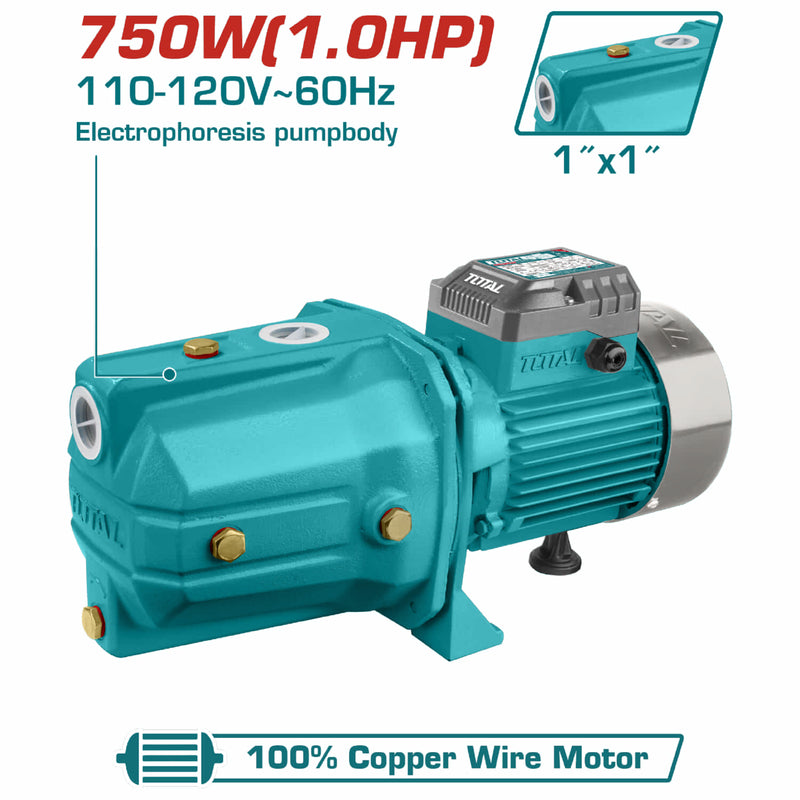 Bomba jet de agua, injeccion 1HP 51M 55L/min succion 9M coneccion 1" impeler cobre (1 año) 110-120V~