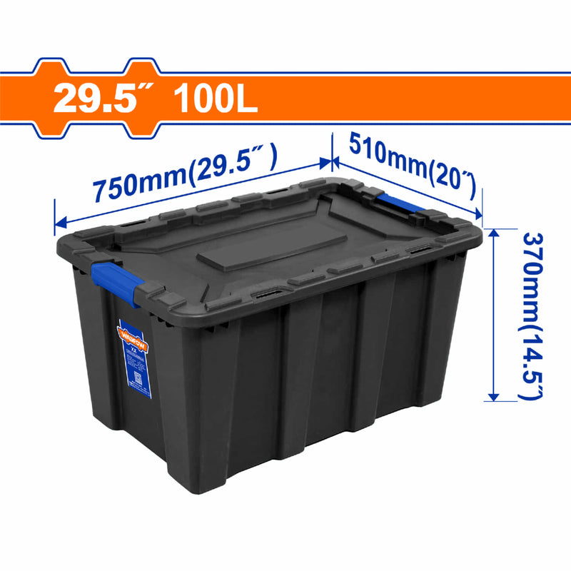Caja plastica Contenedor de almacenamiento plástico 100L. 750x510x370mm. Hebilla de plástico. Peso: 3100g.