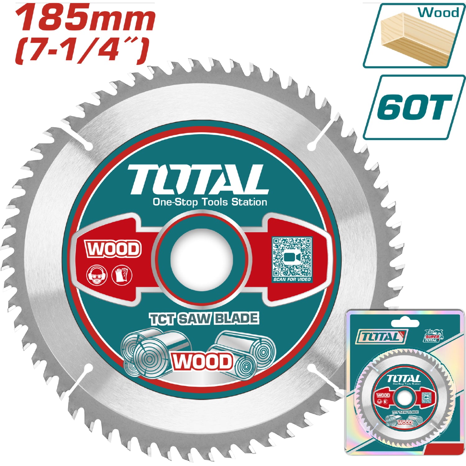 Disco corte madera 185mm(7-1/4") 60T,arbor:20mm Reduction ring:16mm