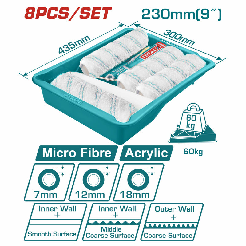 Juego de Rodillos para pintar 8 en 1 con bandeja de pintura. Para Interiores y Exteriores.
