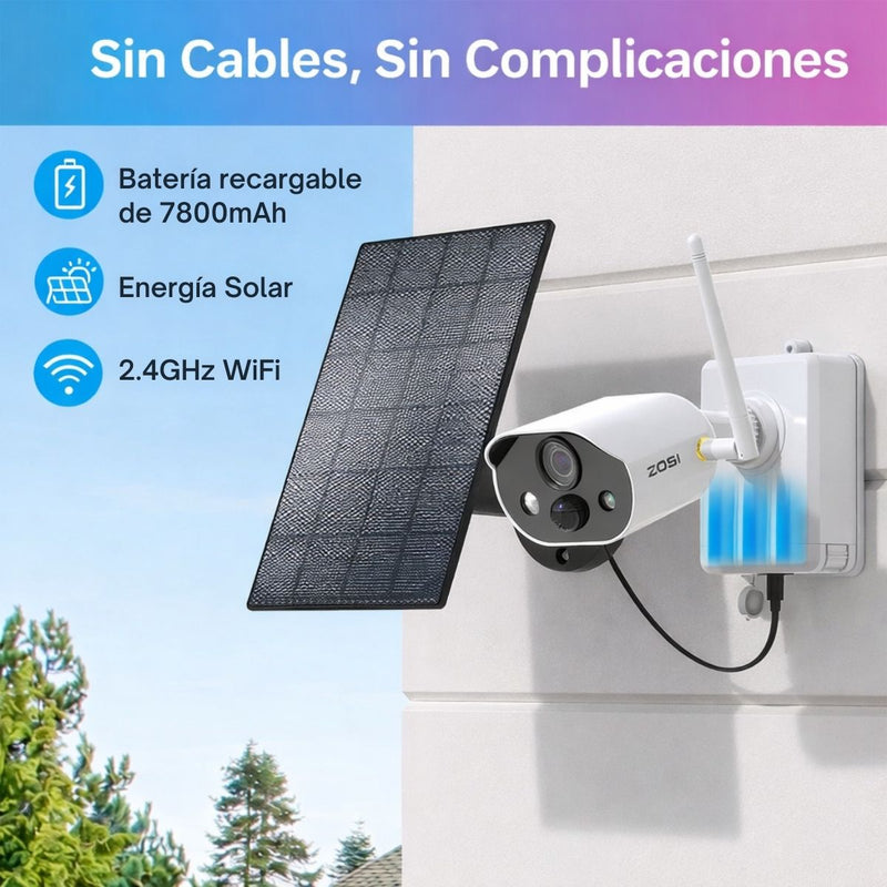 Cámara de Seguridad WiFi 3MP con Panel Solar y Batería Recargable 7800mAh. Cámara de Videovigilancia IP66 Con Visión Nocturna a Color 15m, Detección Humana PIR
