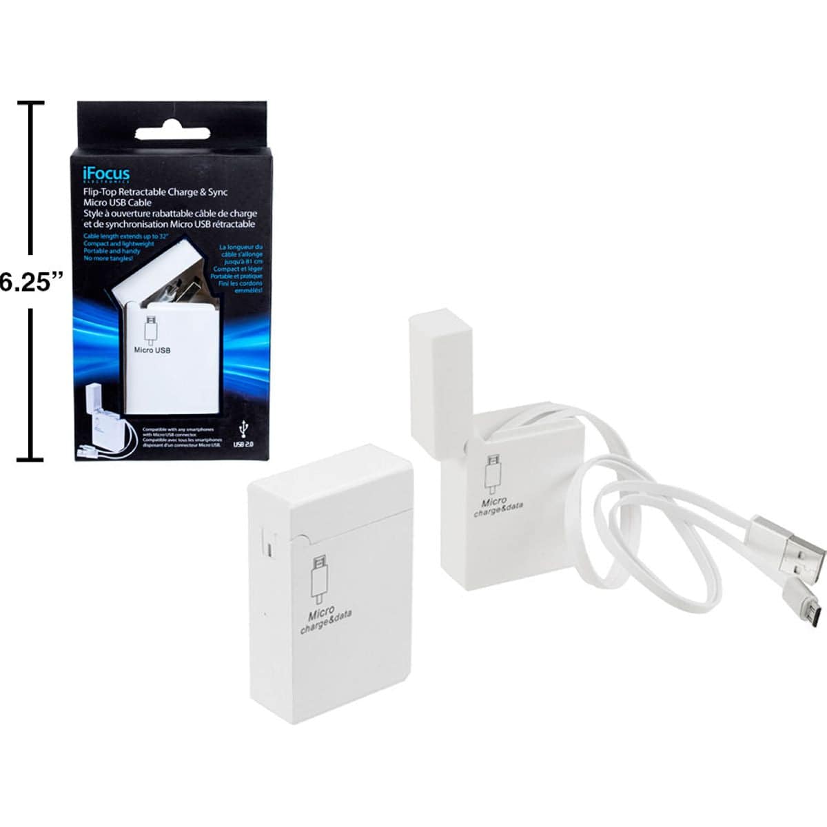 Ifocus, Cable De Sincronización Y Carga Micro USB Abatible, Retráctil, Blanco, Cbx