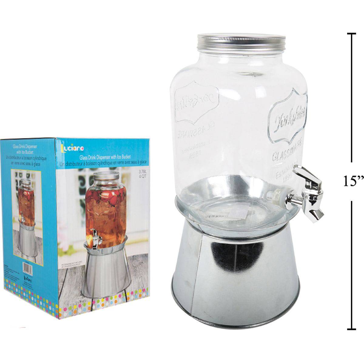 Dispensador Bebidas De Vidrio De 3.78L Con Tapa Hojalata Y Soporte Cubeta Hielo Galvanizado