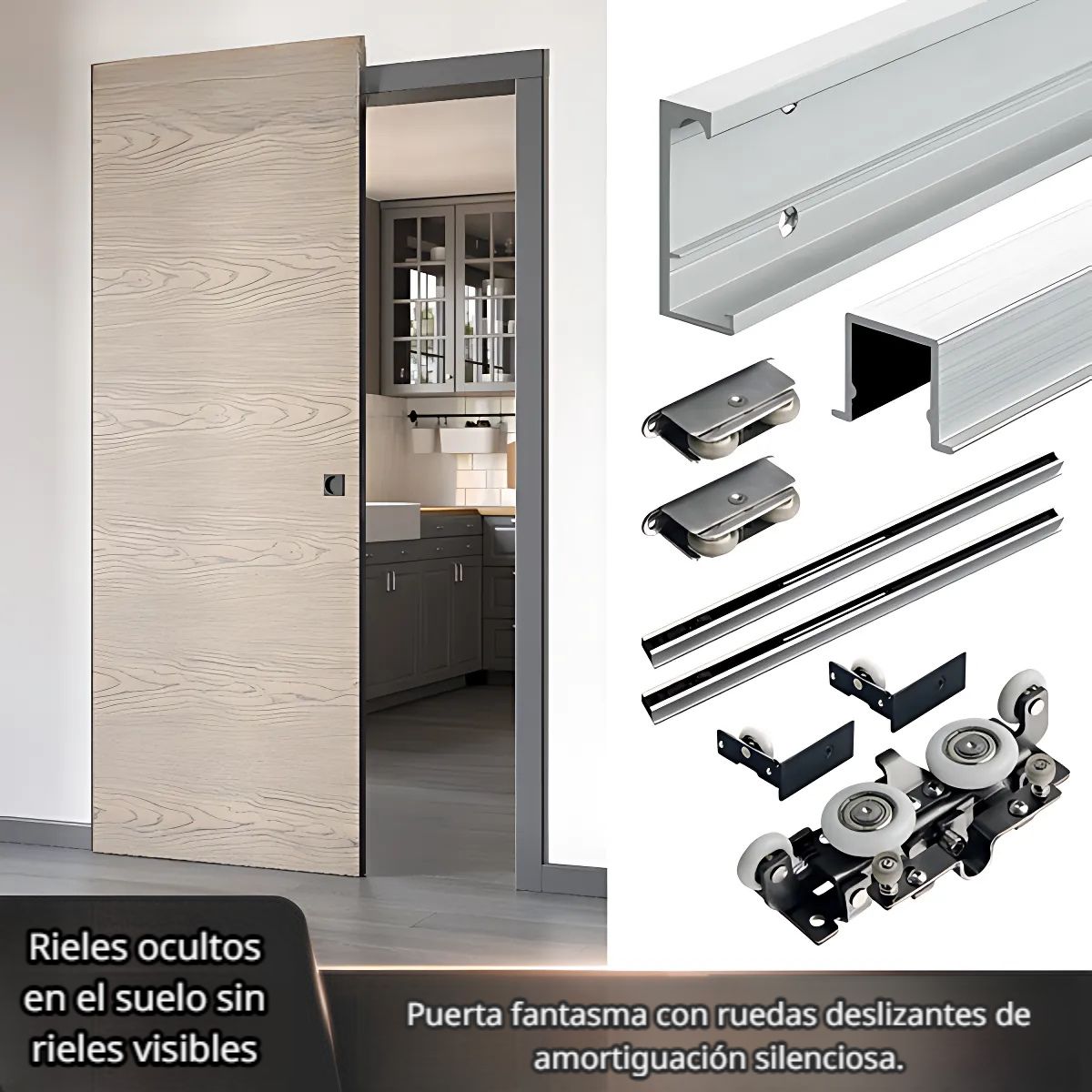 Puertas fantasmas Ghost Doors Riel Oculto con Amortiguación para Puerta Corrediza madera 60 kg. Kit Profesional de Guías para Puerta Corrediza sin Riel en Piso.