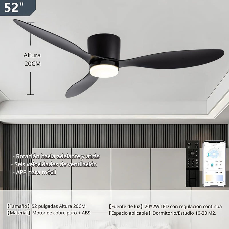 Abanico De Techo Con Lámpara. 3 tonos De Luz. 52" Ventilador Con Control Remoto. Fan 110V Color negro