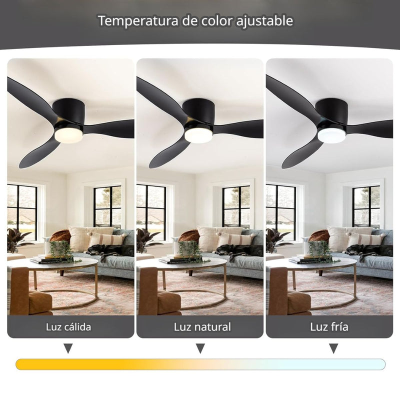 Abanico De Techo Con Lámpara. 3 tonos De Luz. 52" Ventilador Con Control Remoto. Fan 110V Color negro