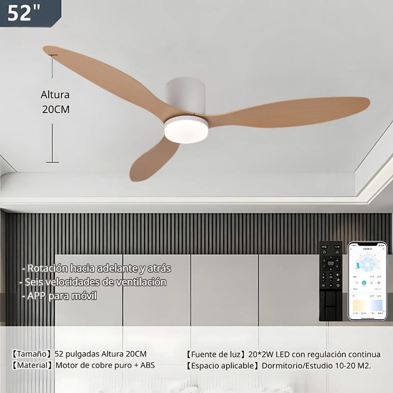 Abanico De Techo Con Lámpara. 3 tonos De Luz. 52" Ventilador Con Control Remoto. Fan 110V Color madera