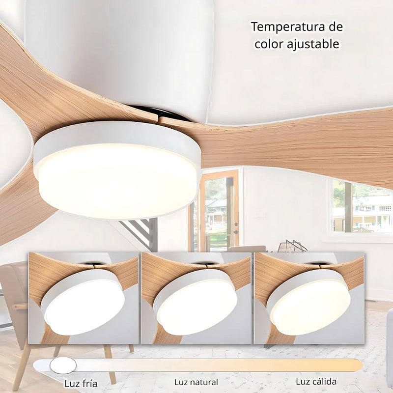 Abanico De Techo Con Lámpara. 3 tonos De Luz. 52" Ventilador Con Control Remoto. Fan 110V Color madera