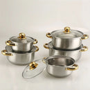 Ollas de acero inoxidable. Set juego de 16 piezas. Incluye tapas de vidrio y utensilios. 100% libre de teflón.