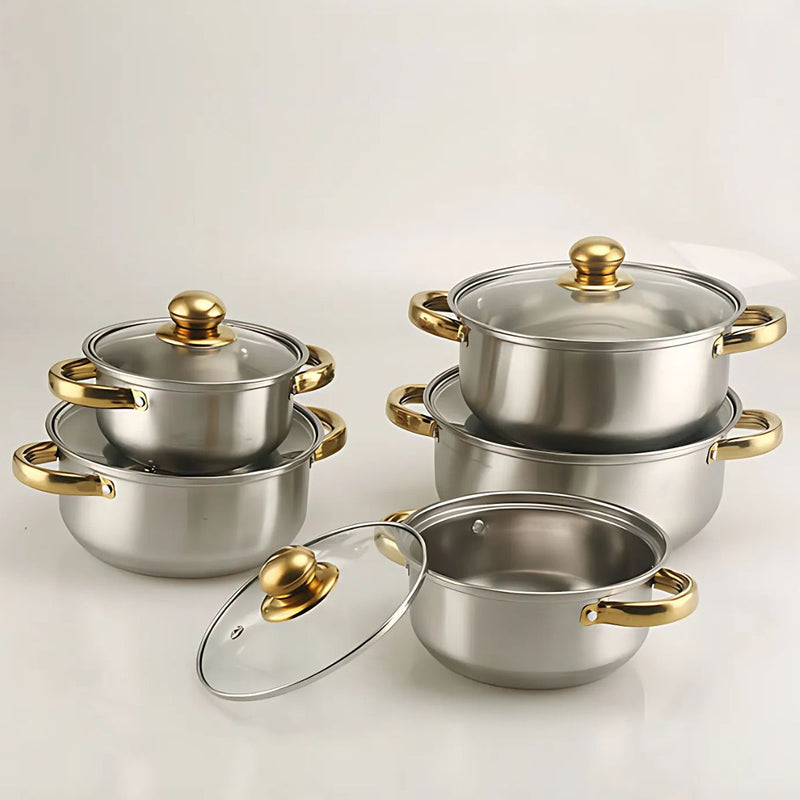 Ollas de acero inoxidable. Set juego de 16 piezas. Incluye tapas de vidrio y utensilios. 100% libre de teflón.