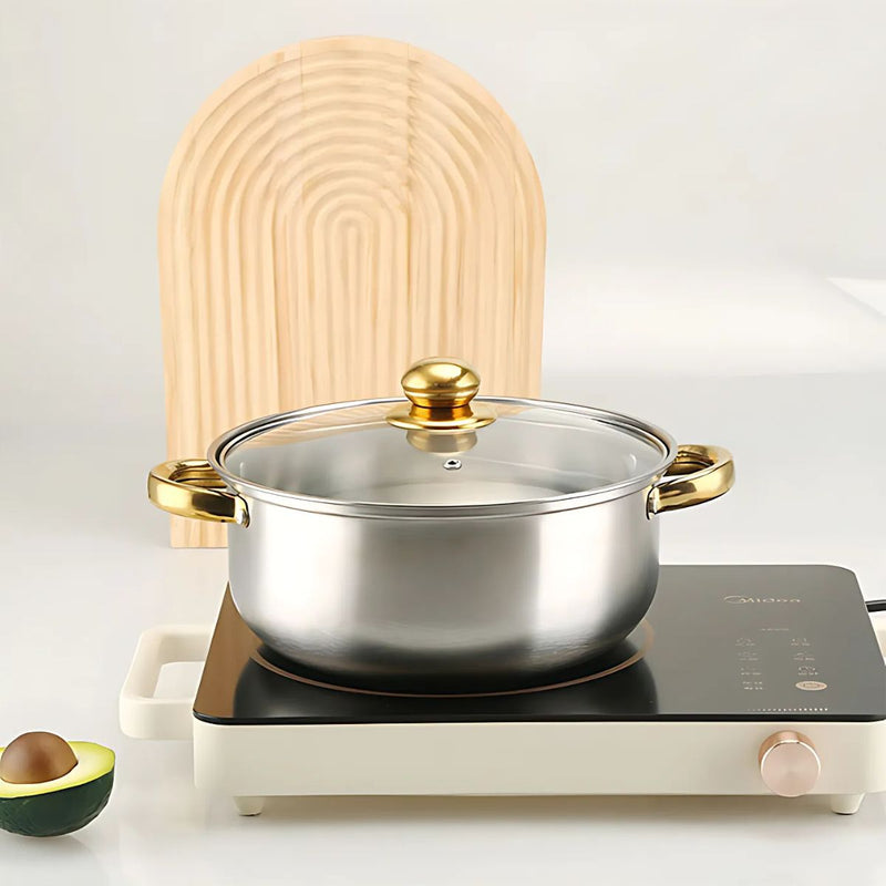 Ollas de acero inoxidable. Set juego de 16 piezas. Incluye tapas de vidrio y utensilios. 100% libre de teflón.