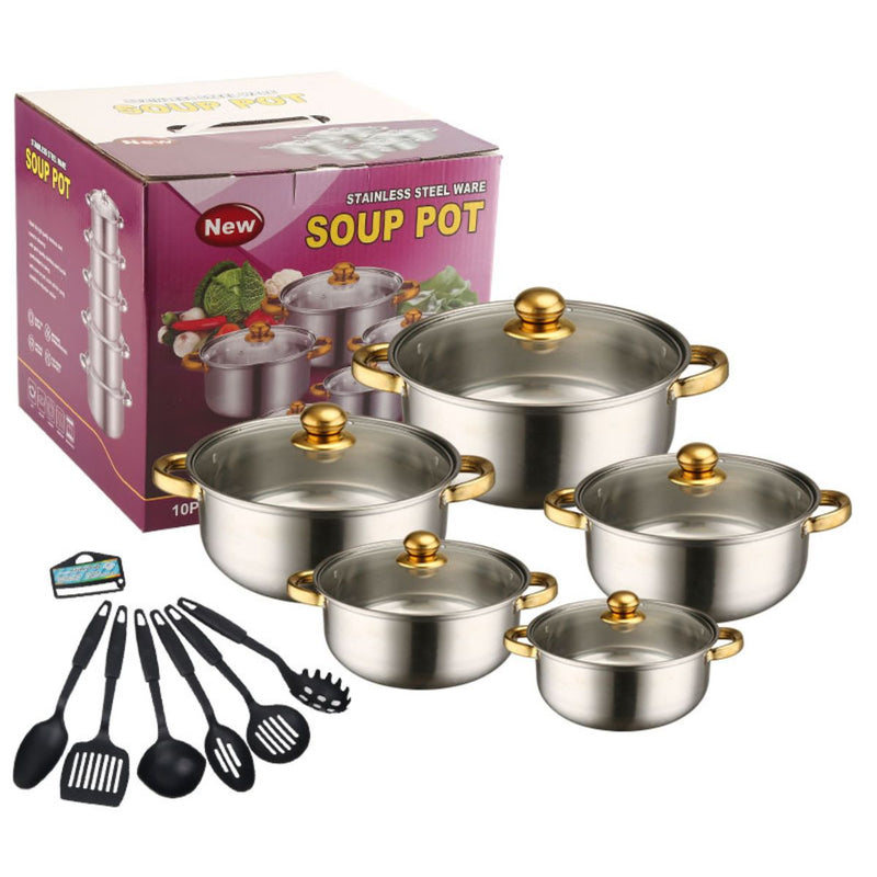 Ollas de acero inoxidable. Set juego de 16 piezas. Incluye tapas de vidrio y utensilios. 100% libre de teflón.