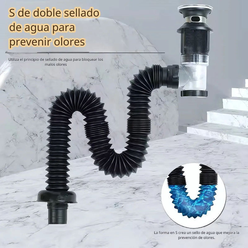 Tubo de desague drenaje flexible en S con válvula antirretorno. Manguera de desagüe para lavamanos, fregadero, lavabos. Previene olores.