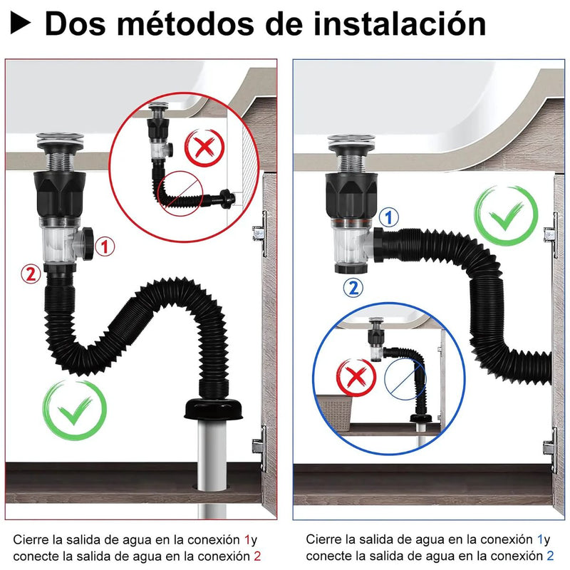 Tubo de desague drenaje flexible en S con válvula antirretorno. Manguera de desagüe para lavamanos, fregadero, lavabos. Previene olores.