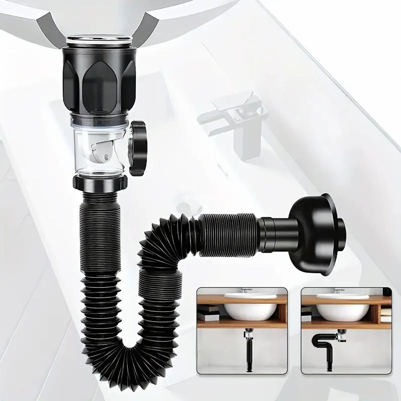 Tubo de desague drenaje flexible en S con válvula antirretorno. Manguera de desagüe para lavamanos, fregadero, lavabos. Previene olores.