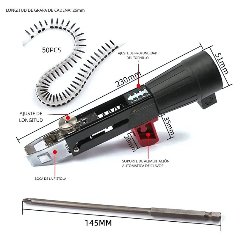 Pistola de Tornillo Eléctrica para Paneles de Yeso. Automática para cinta de tornillos. Adaptador Automático para Taladro, Ajustable y Fácil de Usar