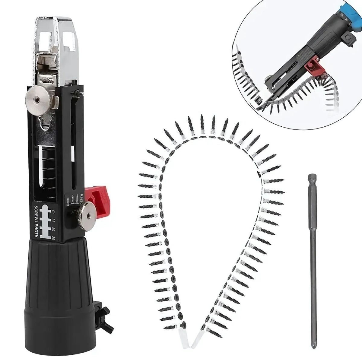 Pistola de Tornillo Eléctrica para Paneles de Yeso. Automática para cinta de tornillos. Adaptador Automático para Taladro, Ajustable y Fácil de Usar