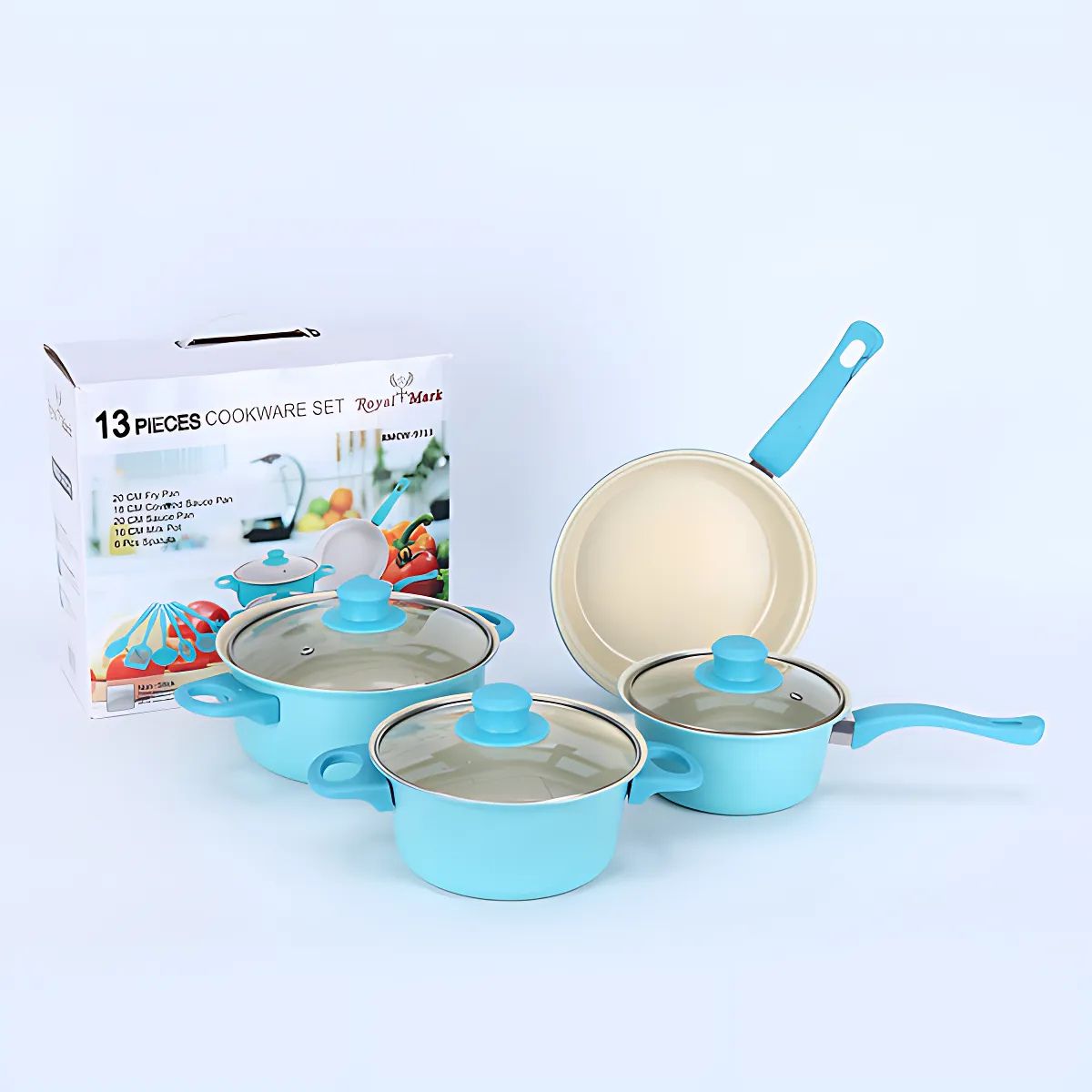 Ollas Antiadherentes de Cerámica (Set de 13 Piezas) Con Tapas de Vidrio y Utensilios de Cocina. Juego de ollas y sartenes. Color celeste.