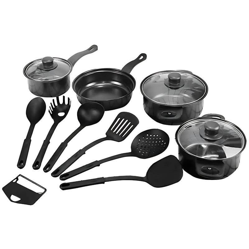 Ollas Antiadherentes de Cerámica (Set de 13 Piezas) Con Tapas de Vidrio y Utensilios de Cocina. Juego de ollas y sartenes. Color negro.