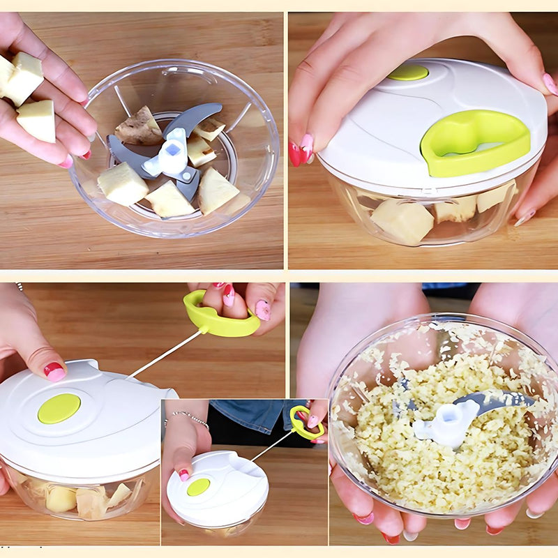 Procesador de Alimentos Manual por Cuerda. Mini picador manual de 3 cuchillas. Tritura Ajo, Verduras y Frutas.