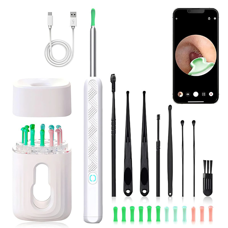 Limpiador de Oídos con video camara Visualización en Celular. Incluye 8 Accesorios y Soporte Base. Dispositivo para Limpieza de Oídos con Cámara Visual.