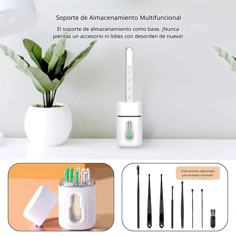 Limpiador de Oídos con video camara Visualización en Celular. Incluye 8 Accesorios y Soporte Base. Dispositivo para Limpieza de Oídos con Cámara Visual.