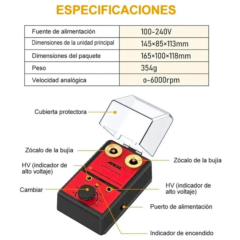 Probador de Bujías Dual. Tester medidor de Encendido 12V con Frecuencia Ajustable 0–6000 rpm y Doble Orificio.
