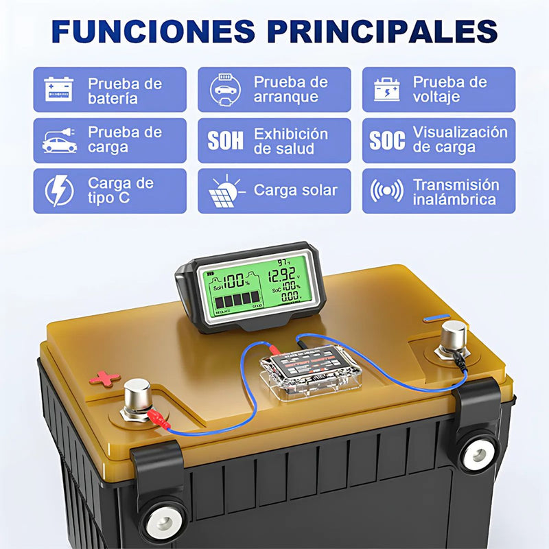 Monitor de Batería 12V con Pantalla LCD, Medición SoH/SoC. Tester de Voltaje y diagnostico Salud de Batería. Diagnóstico Completo.