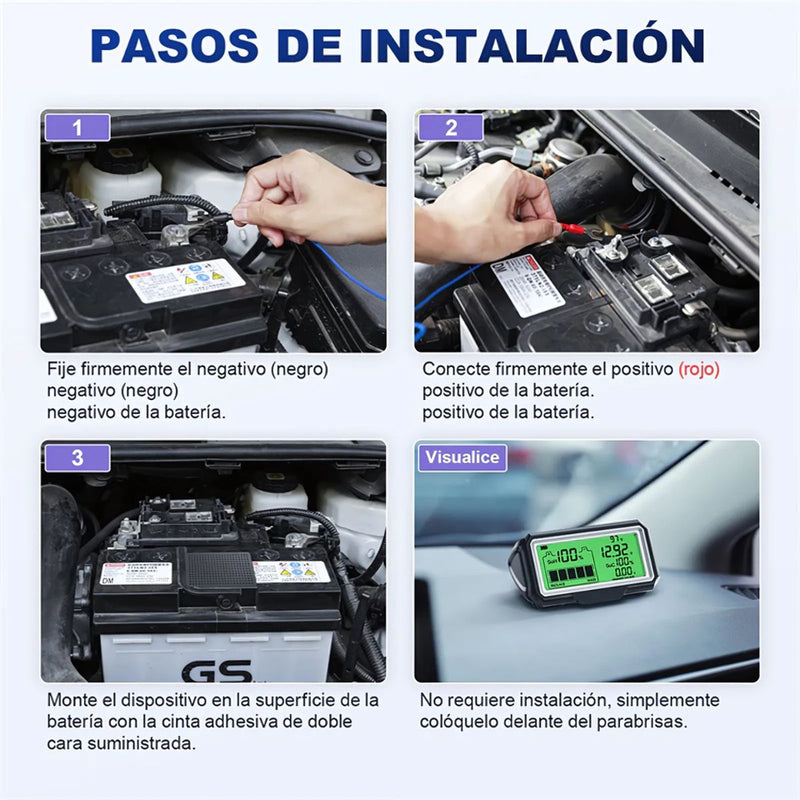 Monitor de Batería 12V con Pantalla LCD, Medición SoH/SoC. Tester de Voltaje y diagnostico Salud de Batería. Diagnóstico Completo.