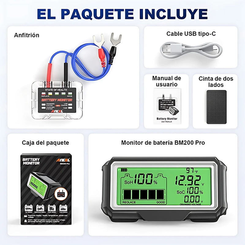 Monitor de Batería 12V con Pantalla LCD, Medición SoH/SoC. Tester de Voltaje y diagnostico Salud de Batería. Diagnóstico Completo.