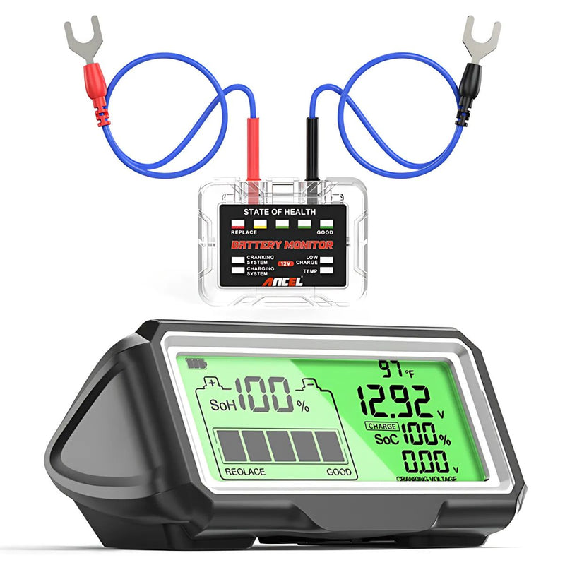 Monitor de Batería 12V con Pantalla LCD, Medición SoH/SoC. Tester de Voltaje y diagnostico Salud de Batería. Diagnóstico Completo.