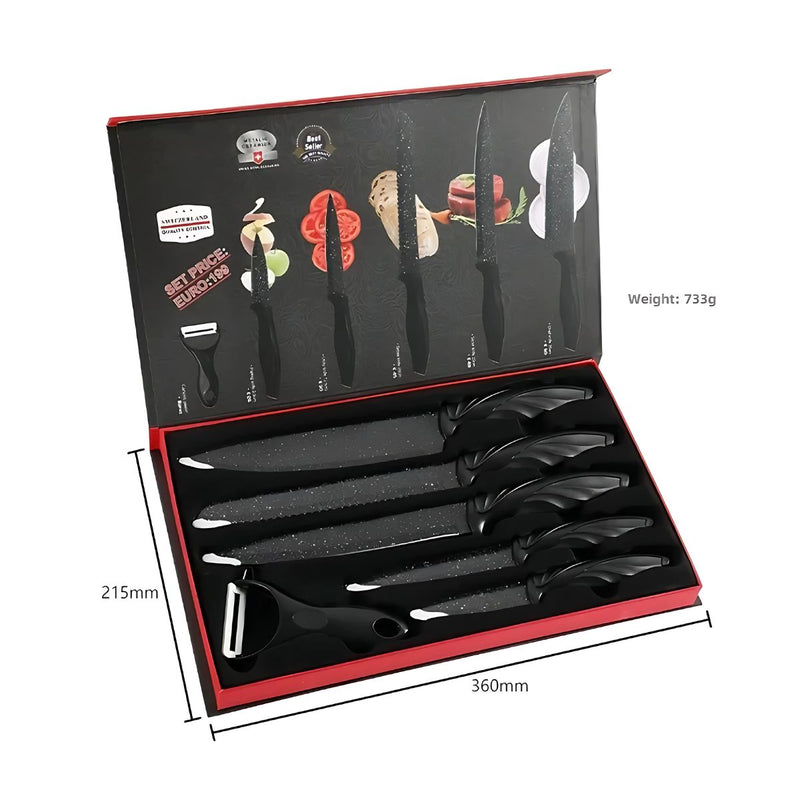 Cuchillos de Cocina Profesionales. Set de 6 piezas. Juego de cuchillos antiadherentes con pelador.