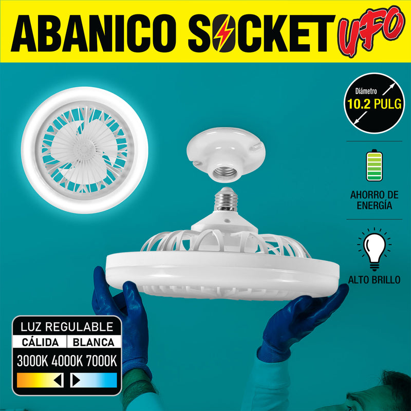 Abanico De Techo Ventilador UFO LED 10" Base E27 30W, Luz regulable Calido y Blanco, CCT. 260X120mm Dimeable