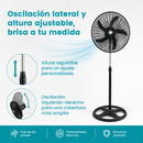 Abanico de Pedestal 18" Negro 110V 50-60W con 3 Velocidades. Ventilador Altura Ajustable 57-127cm con Aspas de Plástico, Motor de Aluminio y Base de Hierro